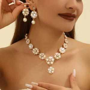 Vintage Fashion Bridal Wedding Party Costume Jewelry Sets Gold Plated Imitation Pearl Necklace Earrings Sets for Women