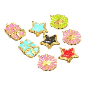 Vintage Fashion Children’s Unisex Stainless Steel 18K Gold Plated Enamel Micro Insert Star Rectangle Charms Pendant Necklace DIY