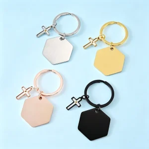 Vintage Fashion Customizable Flaxseed Hope Seed Cross Hexagon Keychain Engravable Stainless Steel Religious Charm