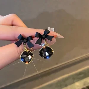 Vintage Fashion Ins Style Kevlar Electroplated Natural Stone Square Bow Sweet Cool Spice Girl Elegant Niche Design Earrings