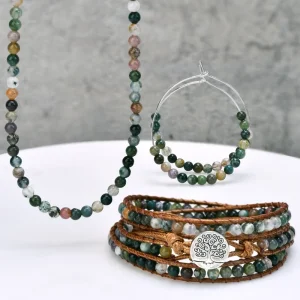 Vintage Fashion Jewelry Sets Tree of Life Charm Bracelet Natural Stone Beads Necklace & Hoop Earrings Handmade Jewelry Set