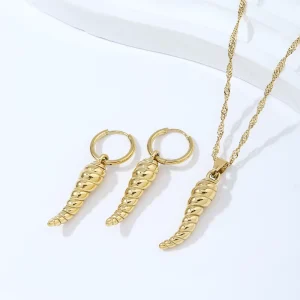 Vintage Fashion Luxury Geometric 18k Gold Plated Stainless Steel Link Chain Spiral Twist Pendant Necklace Earring Set