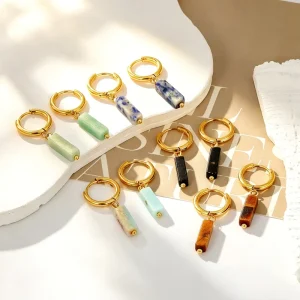 Vintage Fashion PVD 18K Gold Stainless Steel Hoops Dangle Earrings Colorful Square Natural Stone Drop Earrings for Women