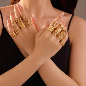 Vintage Fashion Ring 18K Gold Plated Stainless Steel with Cut Out Design Resizable Ring Featuring Natural Stone Trendy Style