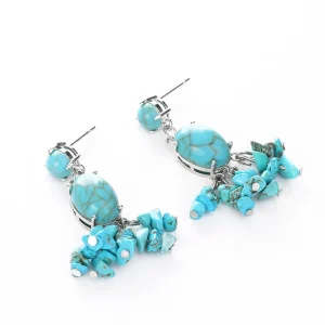 Vintage Fashion Silver Plated Alloy Drop Earrings Turquoise Stone Women’s Elegant Jewelry Accessories for Anniversary Occasions