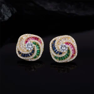 Vintage Fashion Style Spiral Crystal Earrings Pave Baguette Cut Rainbow Cubic Zirconia Brass Earrings