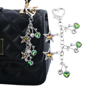 Vintage Fashionable Cherry Star Zinc Alloy Keychains Bag Charms Crystal Encrusted Letterpress Printed Purse Charm