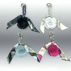 Vintage Faux Leather Rose Keychain with Printed Silk Scarf Multicolor Floral Bag Decor Charm Lady Purse Charm Pendant