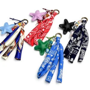 Vintage Filigree Silk Scarf Keychain Sweet Edgy Faux Leather Star Pendant Decorative Bag Charm for Handbag Purse Backpack