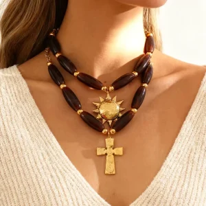 Vintage Gold Chain Layered Necklace with Brown Olive Beads Sun Heart Cross Pendant Bohemian Statement Jewelry for Women