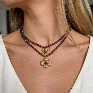 Vintage Gold Plated Beaded Pendant Necklace with Natural Tiger’s Eye Boho Sun Flower Heart Designs
