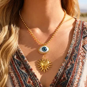 Vintage Gold Plated Blue Eye Necklace 3D Eyeball Pendant with Sun Bull Horse Charm Punk Statement Jewelry for Women Men Gift