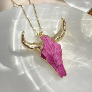 Vintage Gold Plated Bull Head Cattle Skull Pendant Necklace Alloy Christian Religious Charm Buffalo Horn 45*47mm
