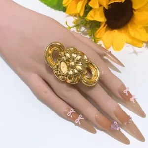 Vintage Gold Plated Floral Interlocking Chain Statement Ring Open Adjustable Finger Ring Women Elegant Party Jewelry