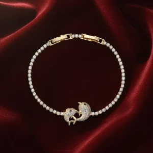 Vintage Gold Plated Zircon Double Dolphin Bracelet for Women Ocean Themed Jewelry Gift Adjustable Clasp Bracelet