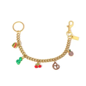Vintage Gold Tone Keychain with Cute Enamel Charms Cherry Pretzel Flower Bag Charm Fashion Accessory