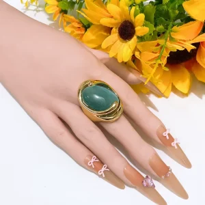 Vintage Gold Tone Swirl Frame Oval Teal Cabochon Statement Ring Retro Elegant Fashion Jewelry Accessory for Women Daily Wear