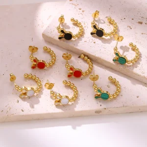 Vintage Gold plated Stainless Steel Jewelry White Shell Rabbit Earrings Steel Ball Hoop Women’s Fashion Drop Earrings