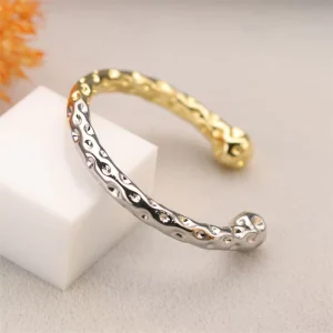Vintage Hammer Patterned Lava Cuff Bracelet Brass 18K Gold Plated Women Fashion Jewelry