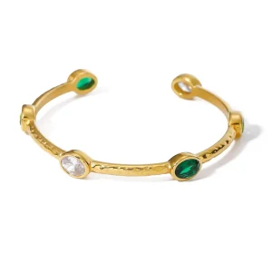 Vintage Hammered 18k Gold Stainless Steel Cuff Bracelet Adjustable with Gemstones