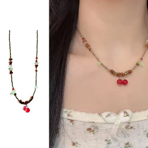 Vintage Handmade Beaded Cherry Choker Necklace With Leaf Summer Fruit Jewelry Accessories Beads Cherry Necklace for Women