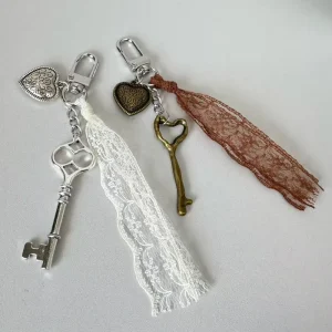 Vintage Heart Keychain Fashion Lace LOVE Key Shape Key Chain Bag Charm Decor Backpack Pendant DIY Jewelry Accessories Lady Gift