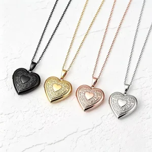 Vintage Heart Locket Stainless Steel Necklace Engravable Photo Pendant for DIY