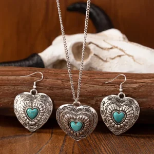 Vintage Heart Turquoise Western Alloy Earrings and Necklace Set