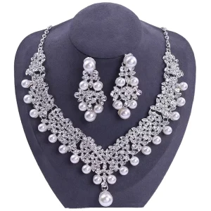 Vintage Imitation Pearl Jewelry Set Necklace Earrings Silver Plated
