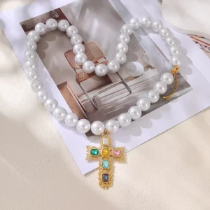 Vintage Imitation Pearl Necklace Colorful Gem Cross Pendant Gold Plated Adjustable Chain Gothic Jewelry Gift for Women