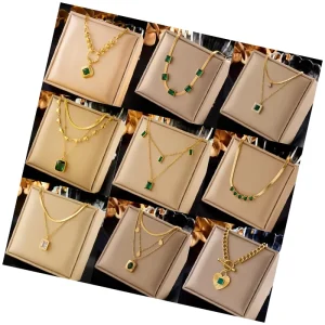 Vintage Ins18K Gold plated Stainless Steel Pendant Necklace Long Emerald Zircon Collarbone Accessory Fashionable Jewelry