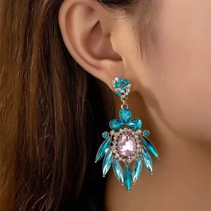 Vintage Inspired Statement Earrings Blue Crystal & Pink Gem Diamond Fashion Stud Gold Tone Party Wear Earrings Jewelry Women