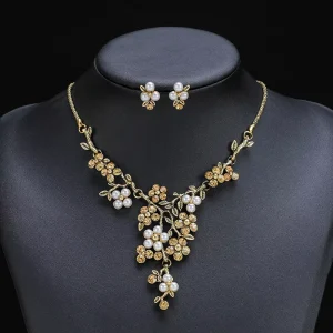 Vintage Inspired Wedding Jewelry Set Pretty Pearl Flower Earrings and Necklace on a Branch for Parties and Engagements