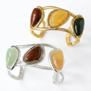 Vintage Irregular Colorful Natural Stone Open Cuff Bracelet 18K Gold Plated Woven Wire Statement Bangle Jewelry for Women