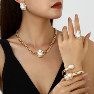 Vintage Irregular Pearl Jewelry Set Necklace Earrings and Ring for Women