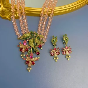 Vintage Jewelry Rhinestone Translucent Artificial Crystal Woven Flower Necklace with Gemstone Earrings