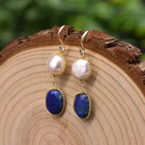 Vintage Lapis Lazuli Pearl Earrings Hypoallergenic Safe Material Sensitive Ears Women Pearl Jewelry