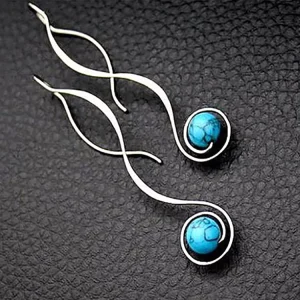 Vintage Long Drop Earring for Women Boho Jewelry Blue Turquoise Stone Earrings Pendant