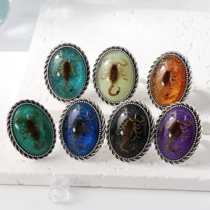 Vintage Luminous Insect Resin Crystal Adjustable Scorpion Finger Rings Jewelry Glowing in the Dark Scorpion Stainless Steel Ring