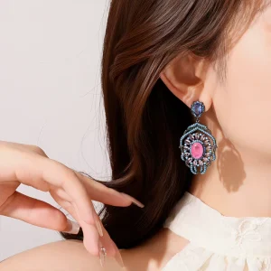 Vintage Luxury Chunky Pink Black Zircon Big Pendant Earrings Fashion Jewelry Statement Brass Earrings for Women