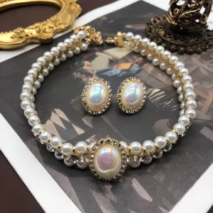 Vintage Mabe Pearl Choker Necklace Stud Earrings Set for Women