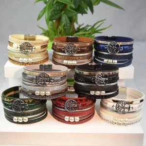 Vintage Men’s Alloy Tree Life Inspirational Leather Trendy Charm Bracelet Magnetic Buckle Fashion Birthday Gift