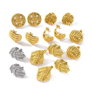 Vintage Metal Pearl Round Thread Earrings Multi Pendant Shape Stainless Steel 18K Gold Plated Textured Stud Earrings