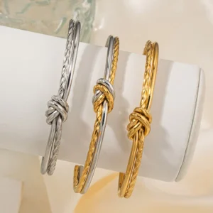 Vintage Minimalist 18k Gold Plated Adjustable Cuff Bangles Jewelry Women Trendy Geometric Twist Knot High End Fashion Stainless