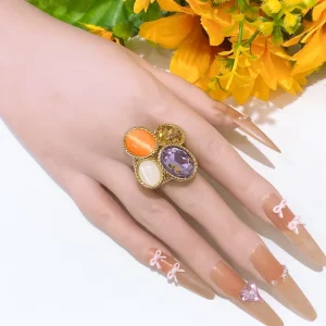 Vintage Multi Gemstone Cluster Statement Ring Gold Plated Oval Colorful Crystal Opal Cat Eye Cocktail Ring Retro Luxury Jewelry