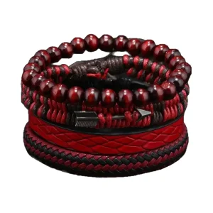 Vintage Multi Layer Leather Bracelet Set for Men Red Black Braided Cuff with Wooden Beads & Arrow Charm
