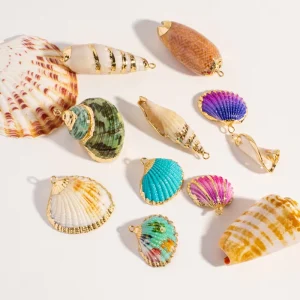 Vintage Natural Shell Conch Pendant with Gold Plated Edge Colorful Geometric Wings Charm for DIY Necklace Jewelry Accessories