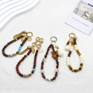 Vintage Natural Wood Stone Beaded Phone Chain Bear Tassel Wrist Lanyard 2 in 1 Keychain Bag Charm for Women Girls