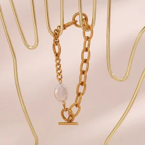Vintage OT Clasp Gold Plated Cuban Chain & Fresh Water Pearl Chain Bracelet Stainless Steel Jewelry Bracelets