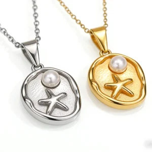 Vintage Ocean Starfish Pearl Stainless Steel Necklace for Women Summer Beach Light Luxury Pendant Choker Jewelry